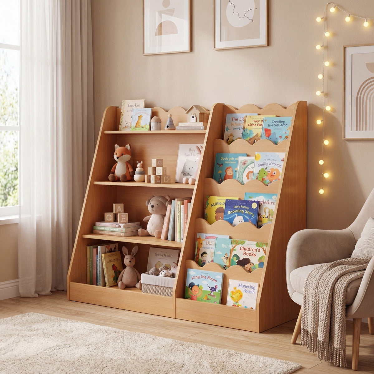 Montessori Kids Bookshelf with 5-Tier Scalloped Shelves for Nursery and Kids Room-Natural
