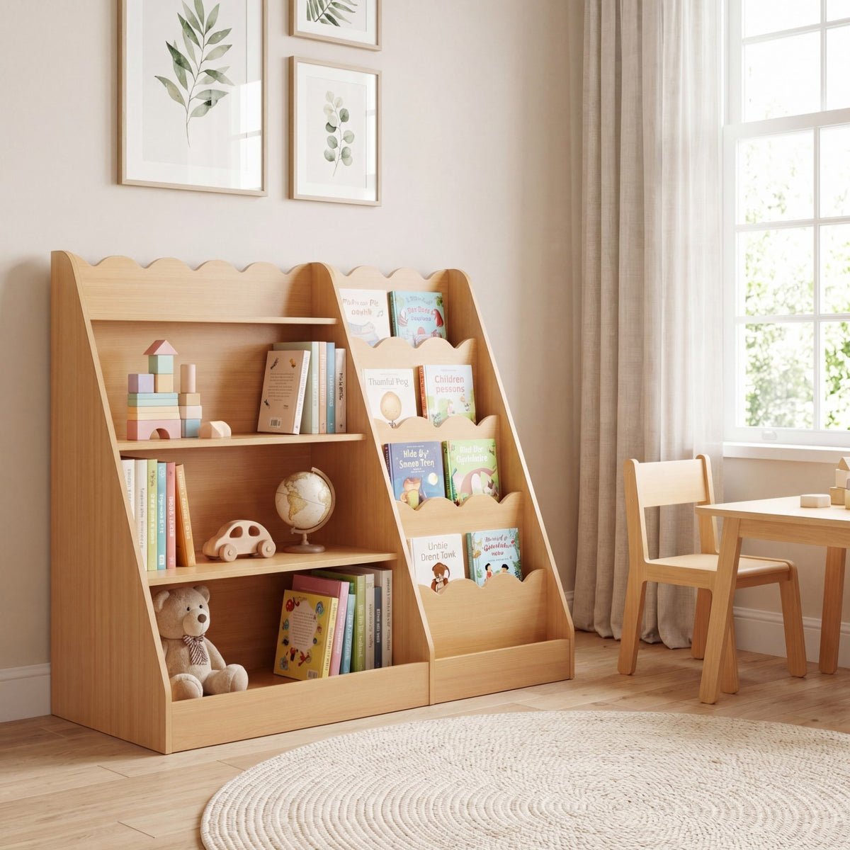 Montessori Kids Bookshelf with 5-Tier Scalloped Shelves for Nursery and Kids Room-Natural