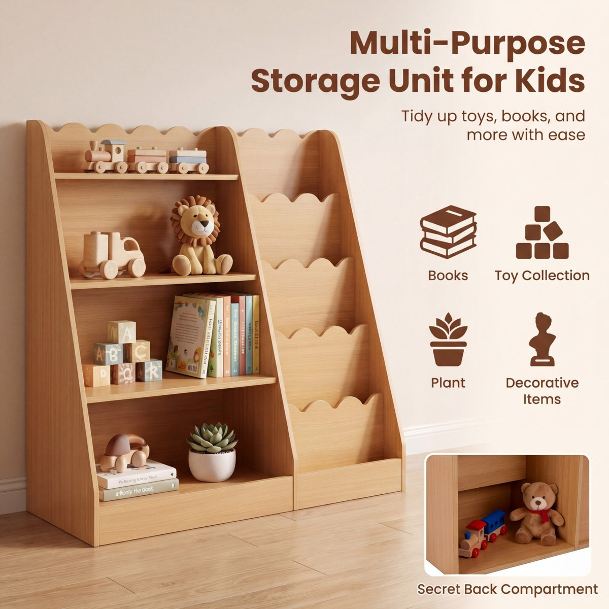 Montessori Kids Bookshelf with 5-Tier Scalloped Shelves for Nursery and Kids Room-Natural