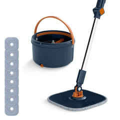 Mop and Bucket Set with Wringer Flat Floor Mop and Bucket System with 2/8 Washable Microfiber Pads-Navy