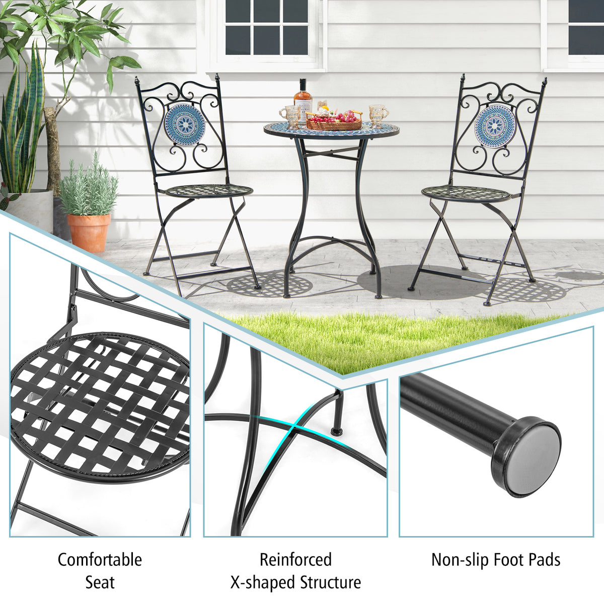 Mosaic Chairs for Patio Set of 2 Metal Folding Chairs with Decorative Backrest