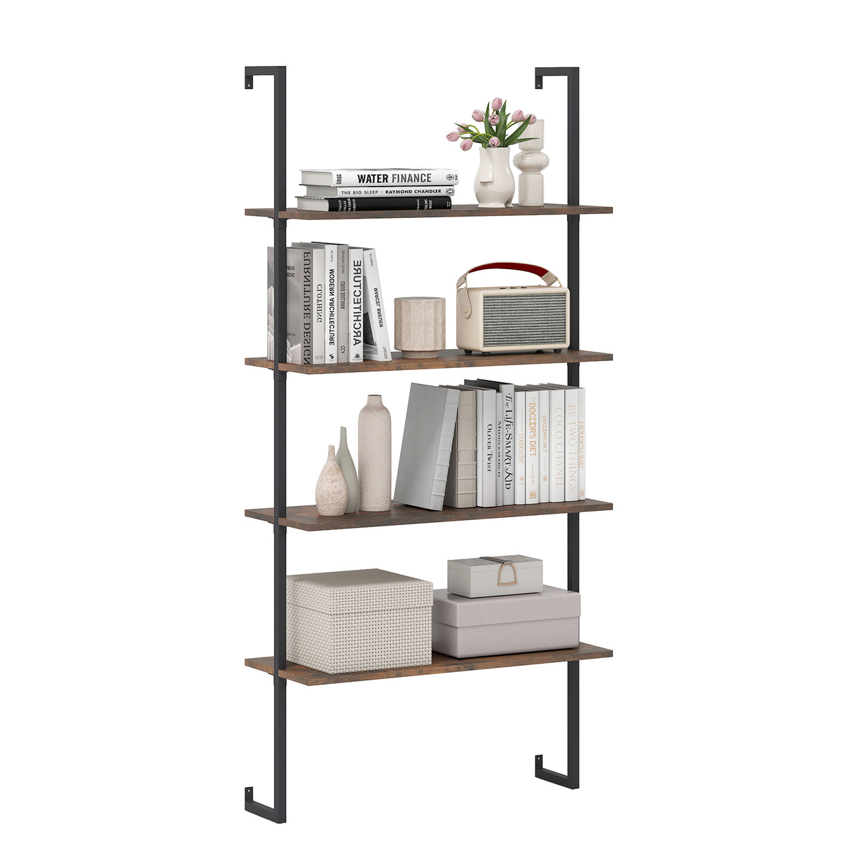 4-Tier Wall-Mounted Bookshelf with Metal Frame for Living Room-Rustic Brown