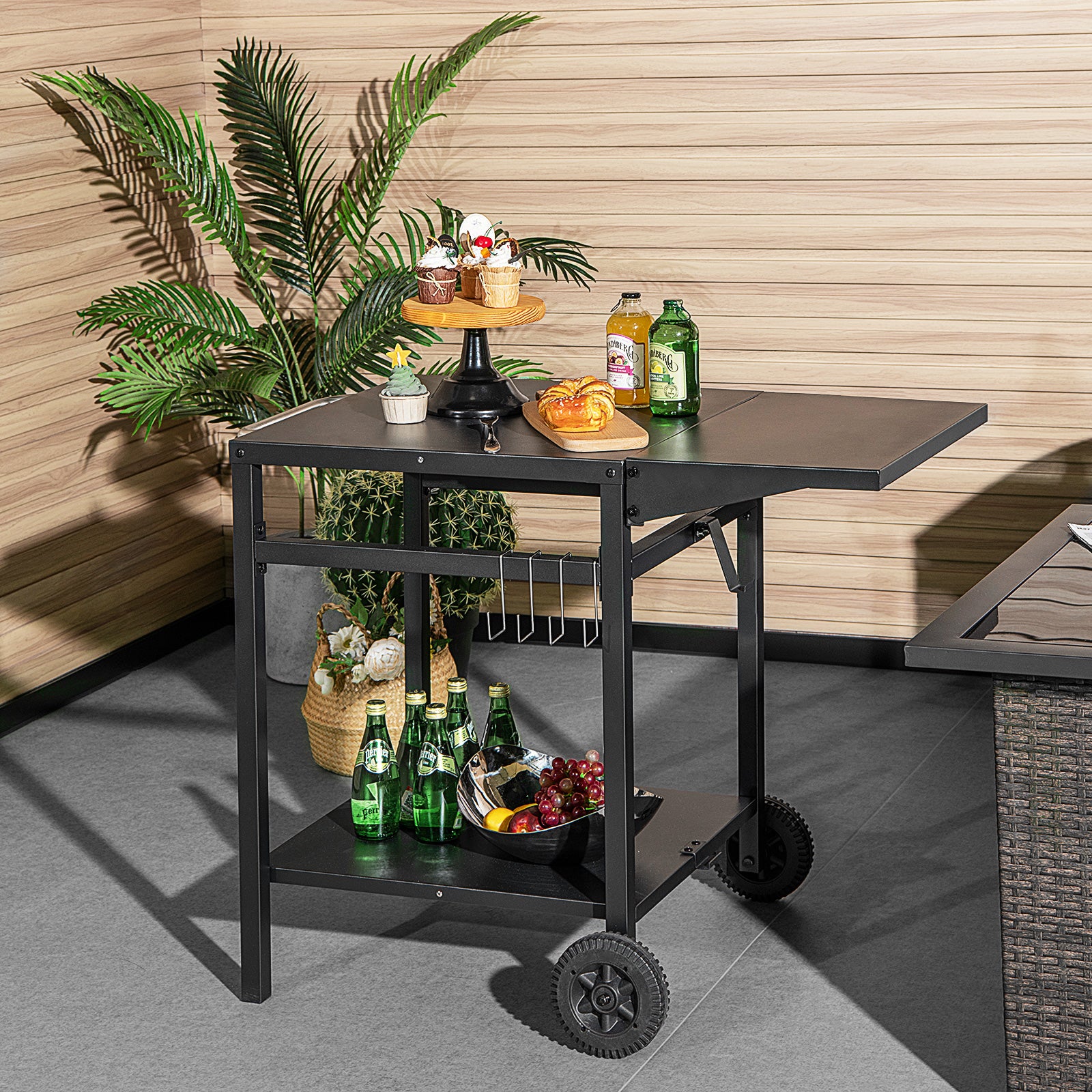Movable Dining Cart Table Trolley with Folding Tabletop for BBQ Grill-Black