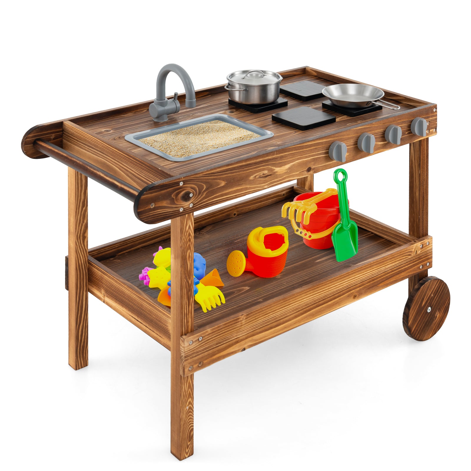 Movable Mud Kitchen with 2 Rolling Wheels and 1 Push Handle-Natural