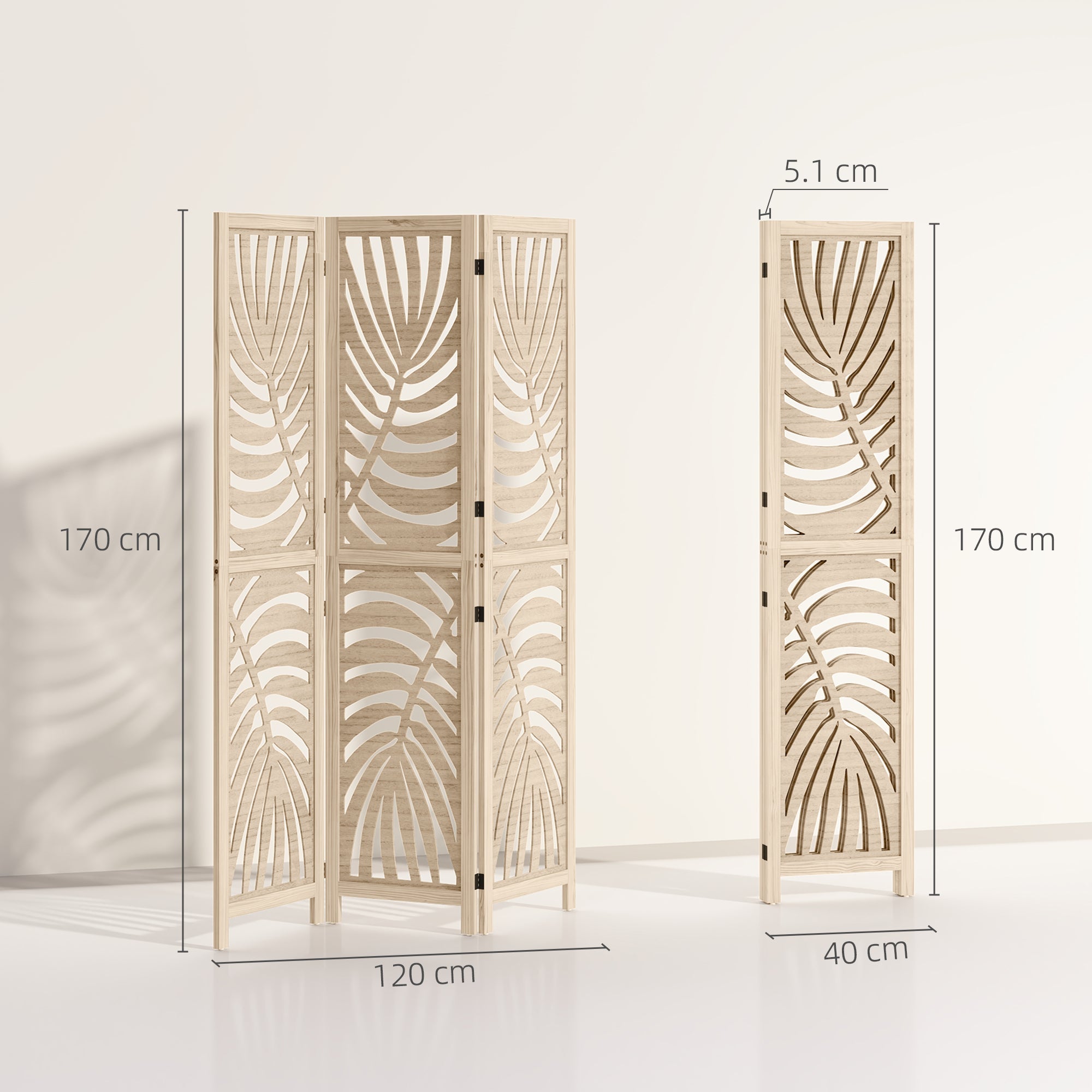 HOMCOM 3 Panel Room Divider, Detachable Folding Privacy Screens with Palm Leaf Design for Home Office, Natural Wood Finish