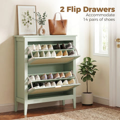 HOMCOM Narrow Shoe Cabinet, Boho Slim Shoe Storage Cabinet with 2 Flip Drawers, Holds 14 Pairs, Light Green