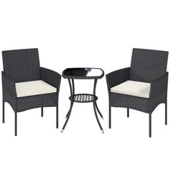 Outsunny 3 Piece Rattan Bistro Set, PE Wicker Garden Furniture Conversation Set with 2 Tier Glass-Top Table, Chairs, Cream White
