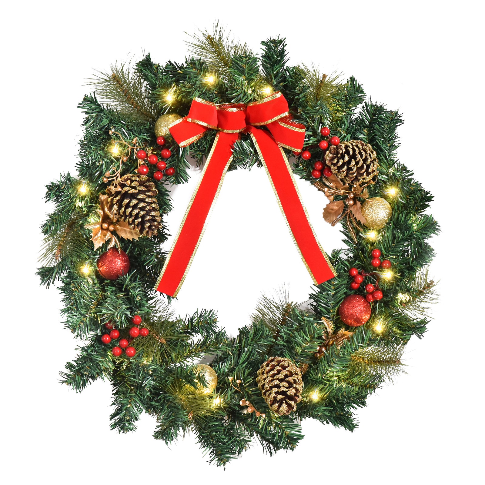 HOMCOM 60cm Pre-Lit Artificial Christmas Door Wreath Holly LED Decor Pine Cones Hanging Glittered Festival Indoor Decoration