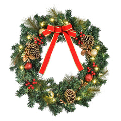 HOMCOM 60cm Pre-Lit Artificial Christmas Door Wreath Holly LED Decor Pine Cones Hanging Glittered Festival Indoor Decoration