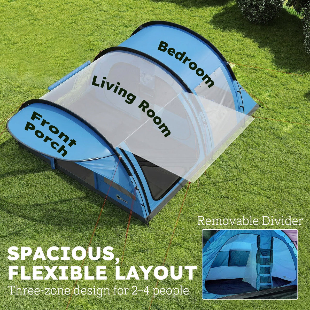 Outsunny 4 Person Easy Setup Family Camping Tent with 2 Rooms, Waterproof Tunnel Tent w/ Sewn In Groundsheet, Sky Blue & Grey