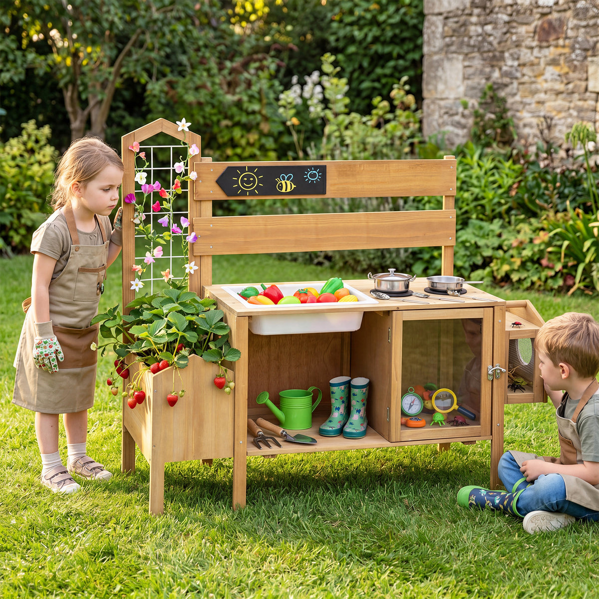Mud Kitchen for Kids with Detachable Bird Cage and Planter Box for Toddlers Aged 3+-Natrual