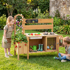 Mud Kitchen for Kids with Detachable Bird Cage and Planter Box for Toddlers Aged 3+-Natrual