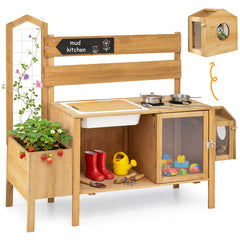 Mud Kitchen for Kids with Detachable Bird Cage and Planter Box for Toddlers Aged 3+-Natrual
