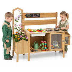 Mud Kitchen for Kids with Detachable Bird Cage and Planter Box for Toddlers Aged 3+-Natrual