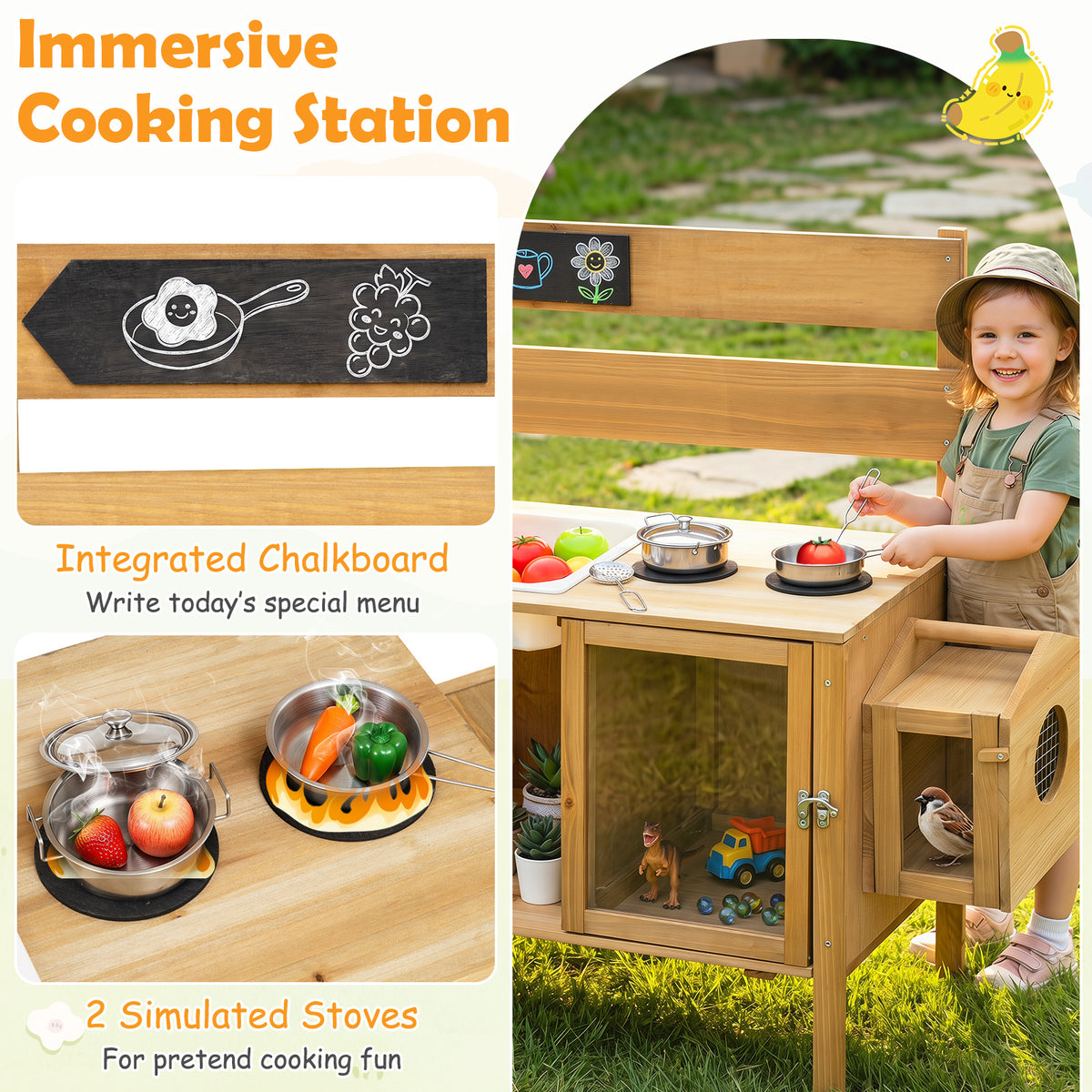 Mud Kitchen for Kids with Detachable Bird Cage and Planter Box for Toddlers Aged 3+-Natrual