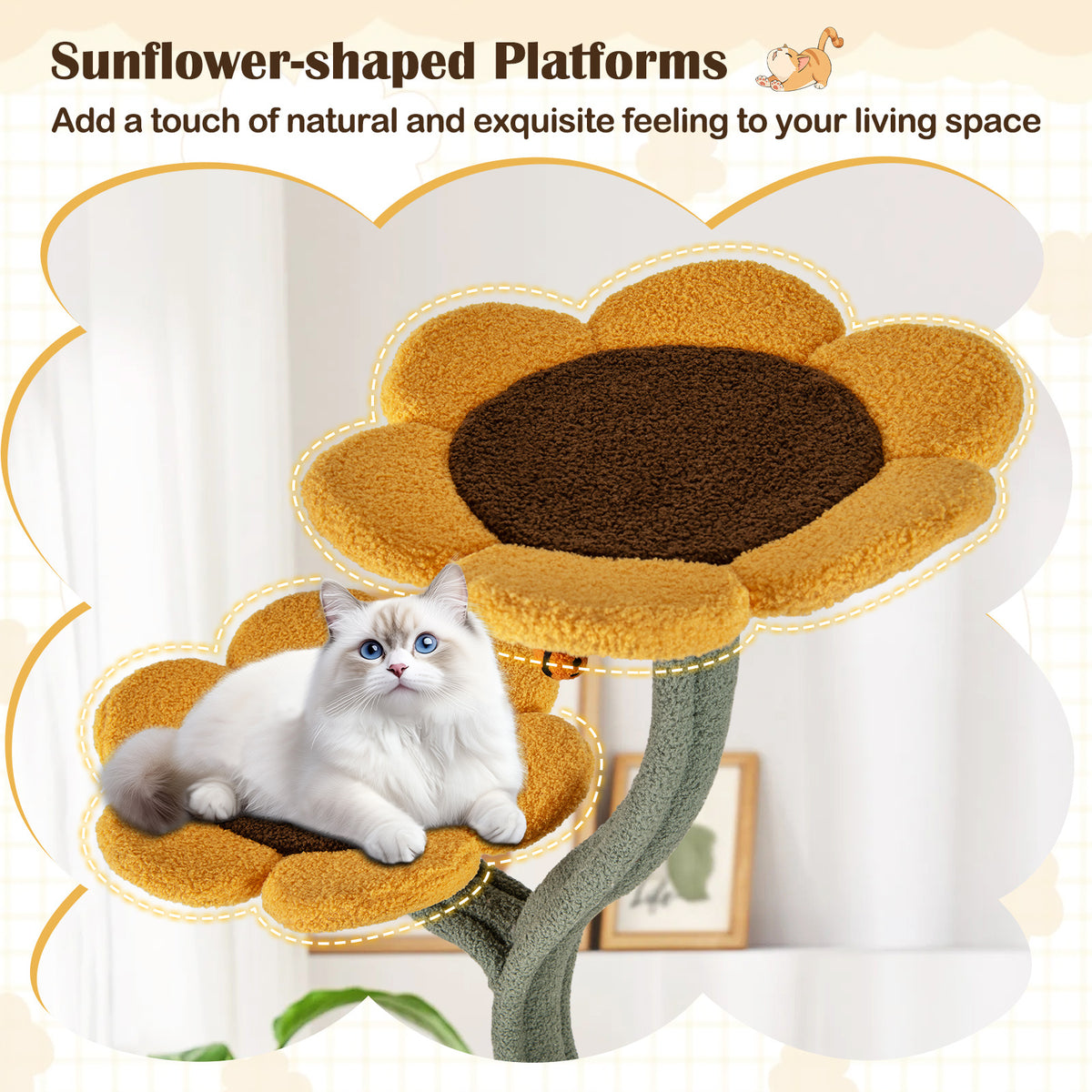 Multi-layer Cat Tower Sunflower Style with 4 Flower-shaped Platforms-Yellow