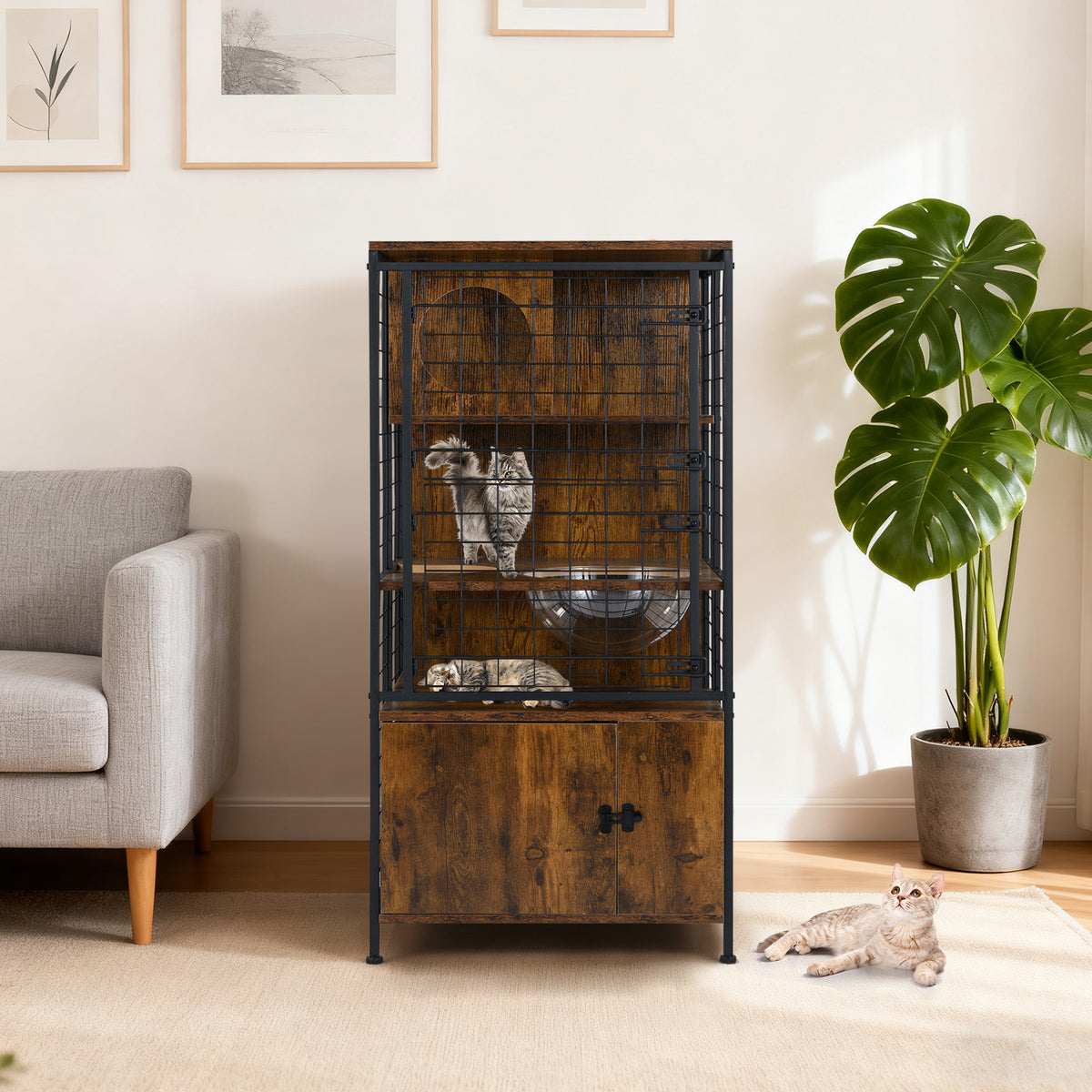 Multi-level Cat Cabinet Cage Metal Frame with Cat Bowel and Cabinet