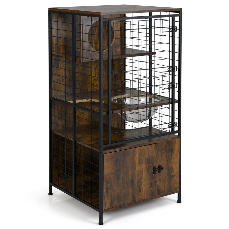 Multi-level Cat Cabinet Cage Metal Frame with Cat Bowel and Cabinet