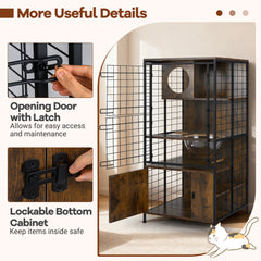 Multi-level Cat Cabinet Cage Metal Frame with Cat Bowel and Cabinet