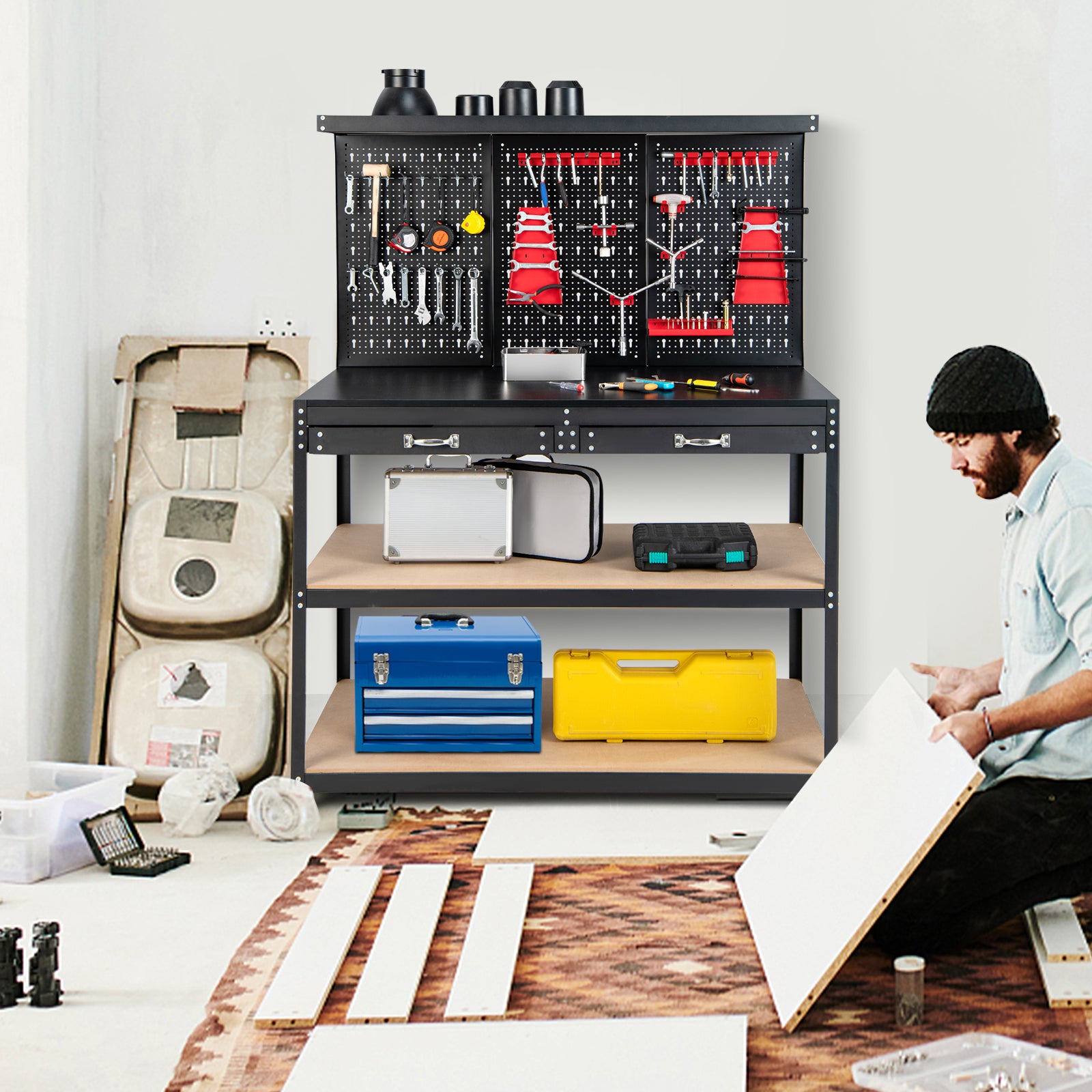 Multipurpose Garage Worktable with Pegboard and Drawers-Black