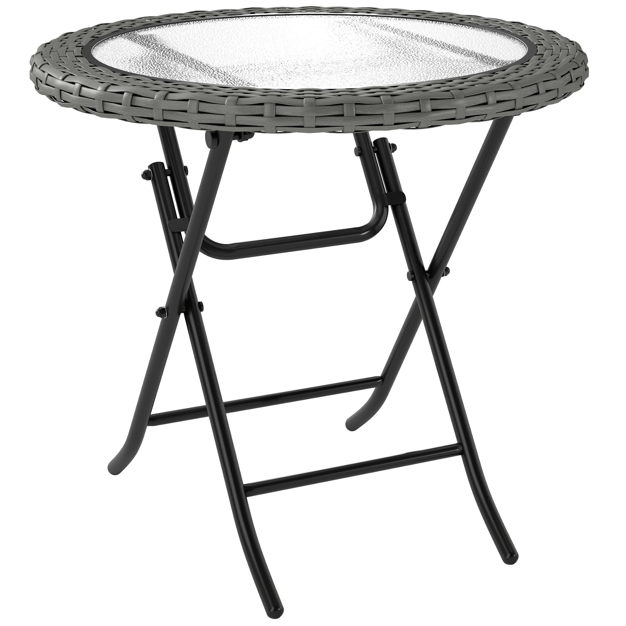 Outsunny Folding Rattan Garden Dining Table, 68 cm Round Rattan Garden Table with Water Ripple Tempered Glass Top, Wicker Edging and Steel Frame for Outdoor, Patio, Grey