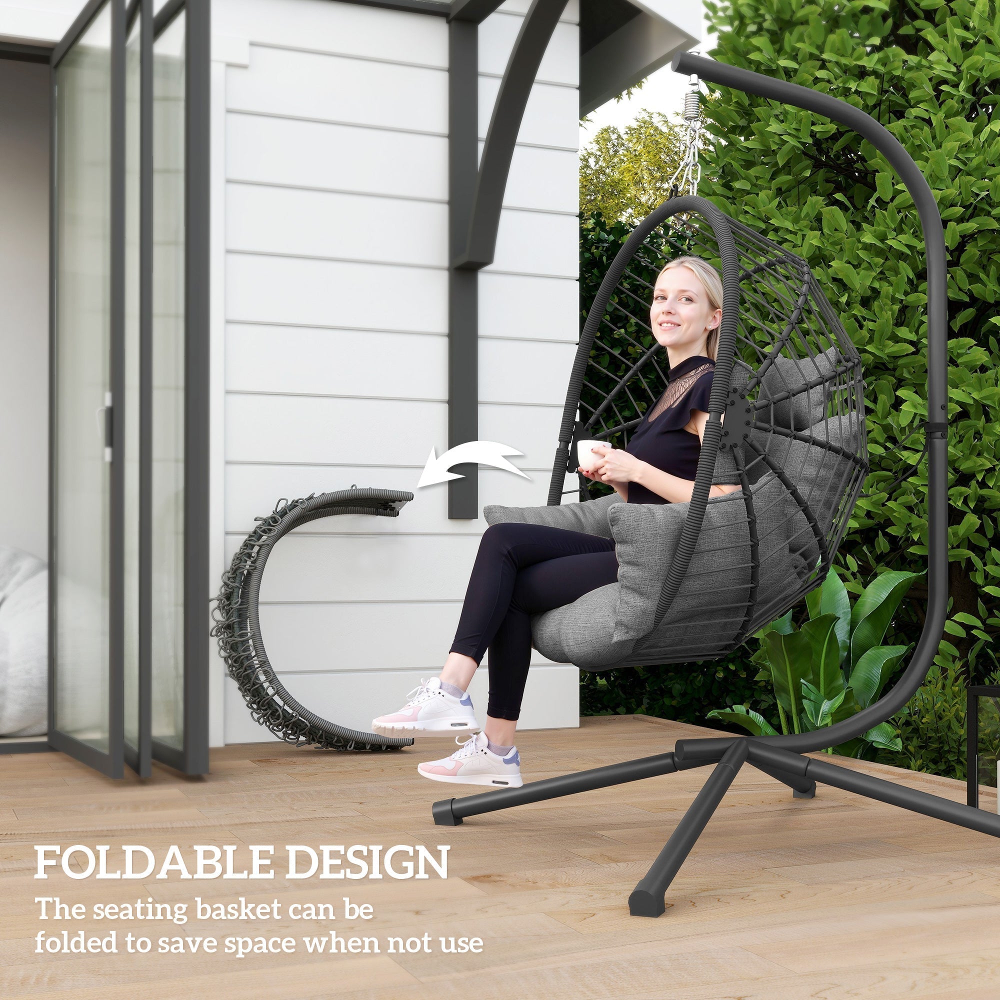 Outsunny Metal Stand Hanging Egg Chair, with Full Body Padded Seat - Grey