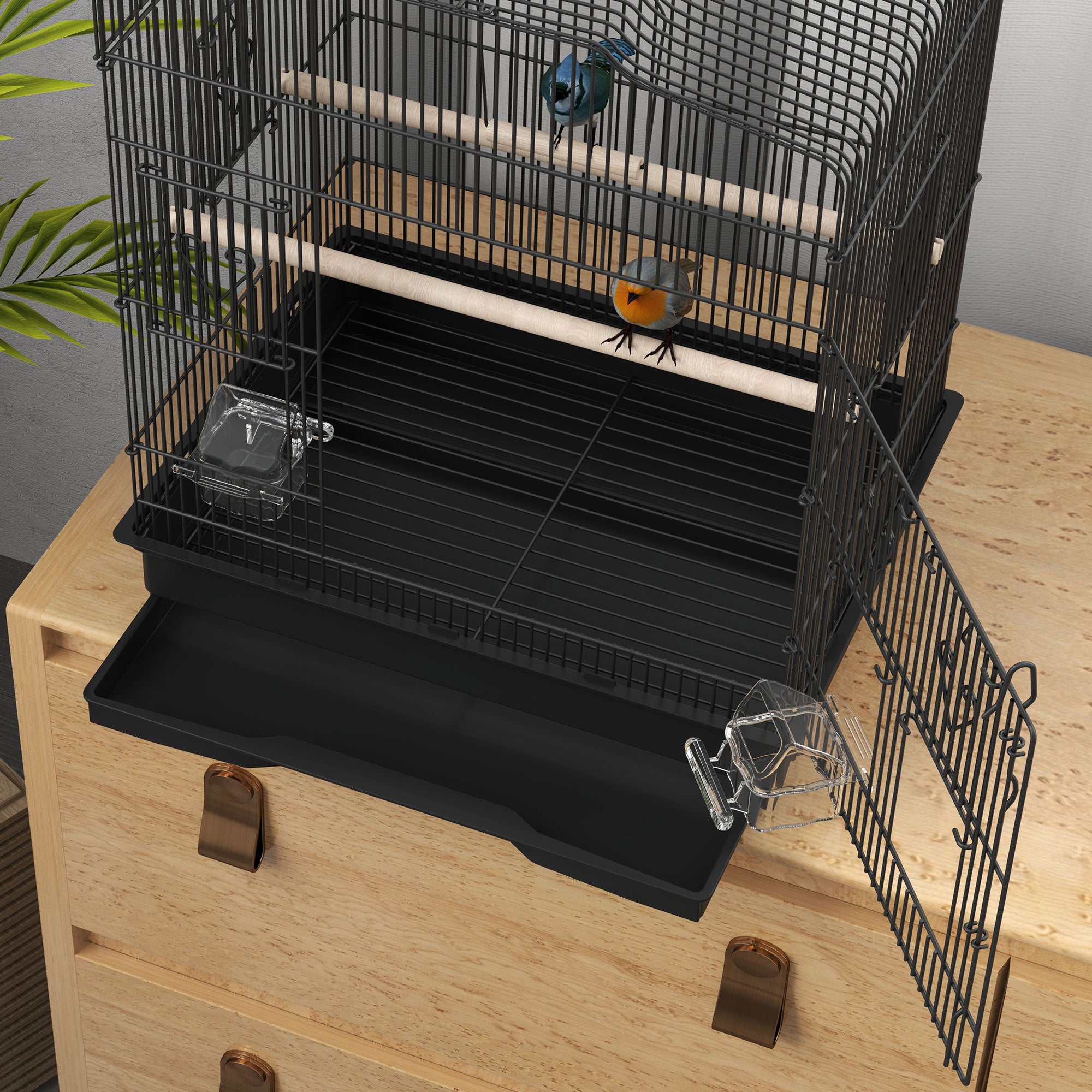 PawHut Large Metal Bird Cage with Perches, Food Bowls, Swing, for Budgies, Parakeets, Black