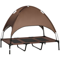 PawHut Outdoor Dog Bed with Removable Canopy, Portable Raised Dog Bed for Camping, Garden & Beach, Water-Resistant UV-Protection Mesh Pet Cot Sun Lounger, for XL Pets, 122 x 92 x 108 cm, Brown