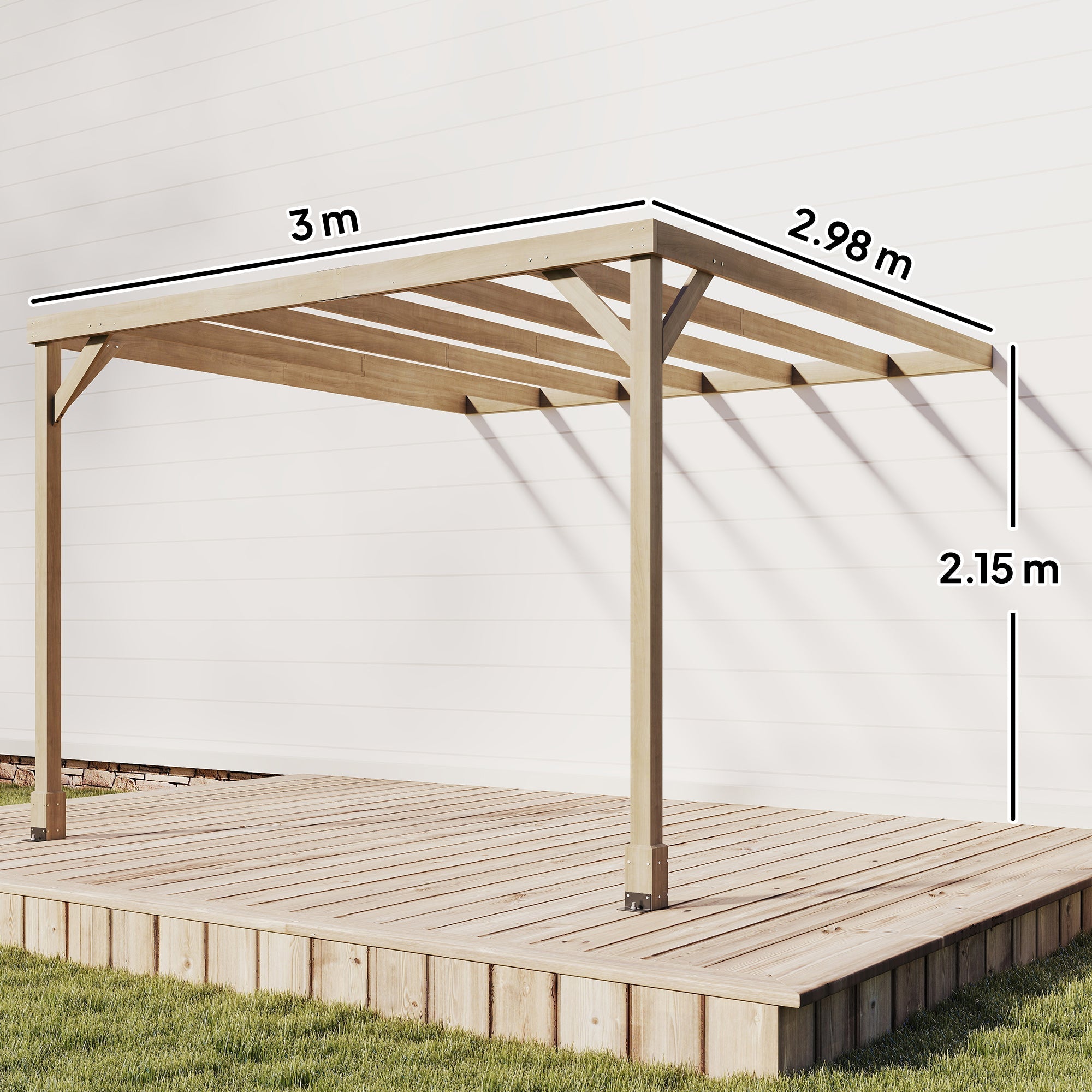 Outsunny Lean-To Wooden Pergola Kit, Decorative Garden Gazebo with Stable Structure and Concrete Anchors, 3 x 3 m, Light Brown