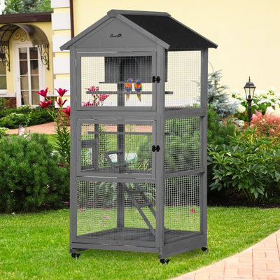 PawHut Bird Cage Mobile Wooden Aviary House with Wheel Perch Nest Ladder Tray