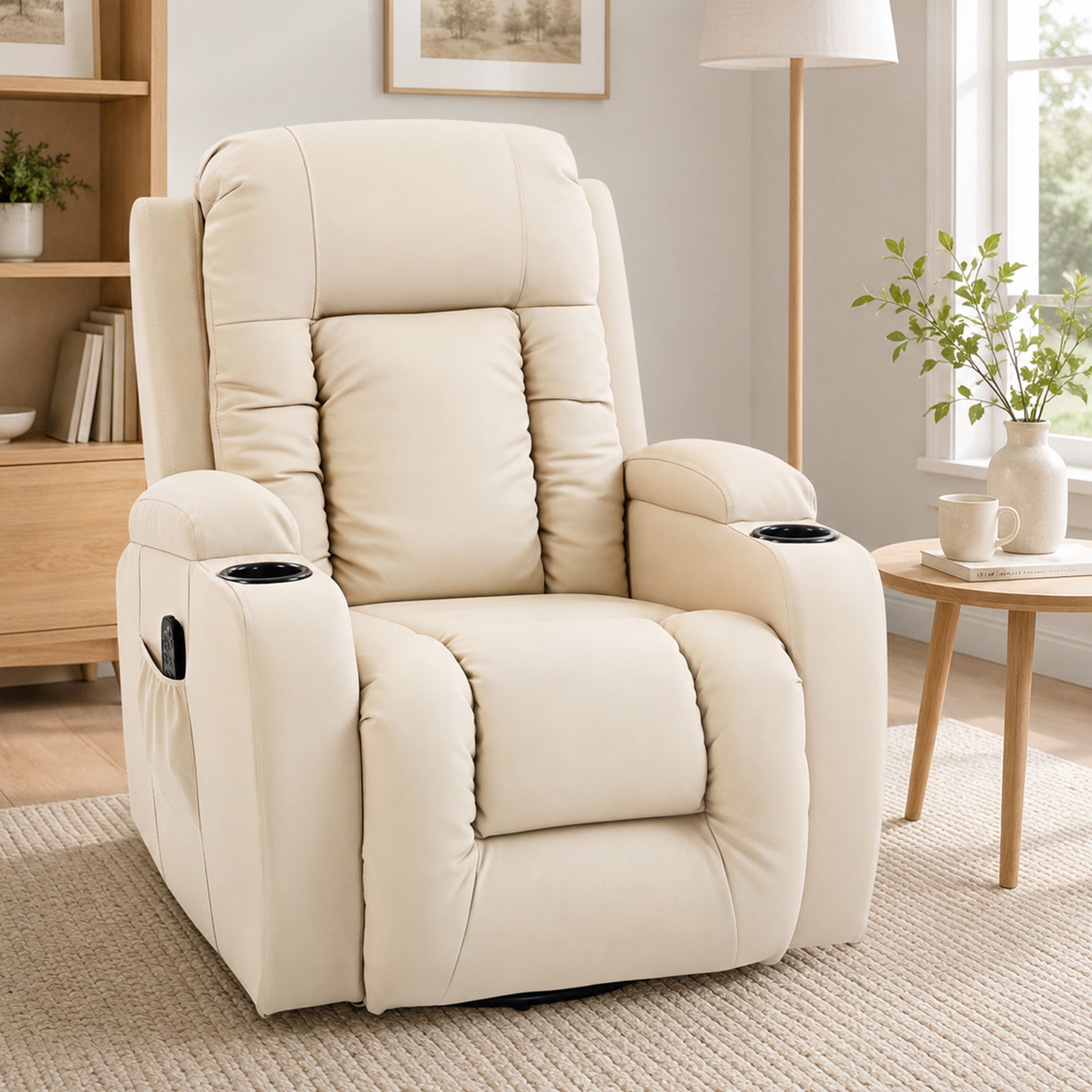 HOMCOM PU Leather Recliner Chair, Recliner Armchair with Extended Footrest, Cup Holders and Side Pockets, Cream