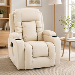 HOMCOM PU Leather Recliner Chair, Recliner Armchair with Extended Footrest, Cup Holders and Side Pockets, Cream