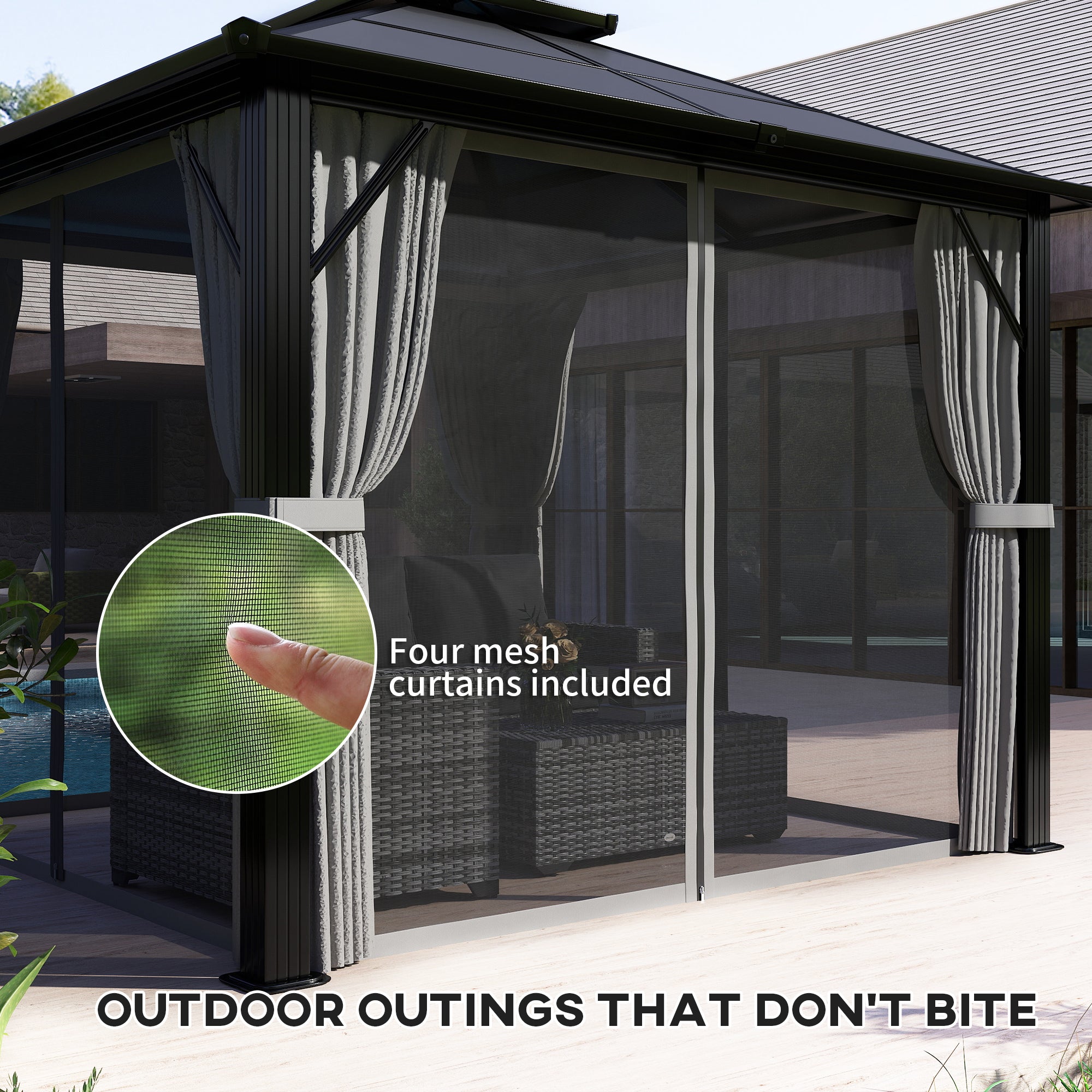 Outsunny 3 x 3(m) Hardtop Gazebo Canopy with UPF30+ Double Polycarbonate Roof, Aluminium Frame Garden Gazebo Permanent Pavilion with Mosquito Netting and Curtains for Patio, Deck, Grey