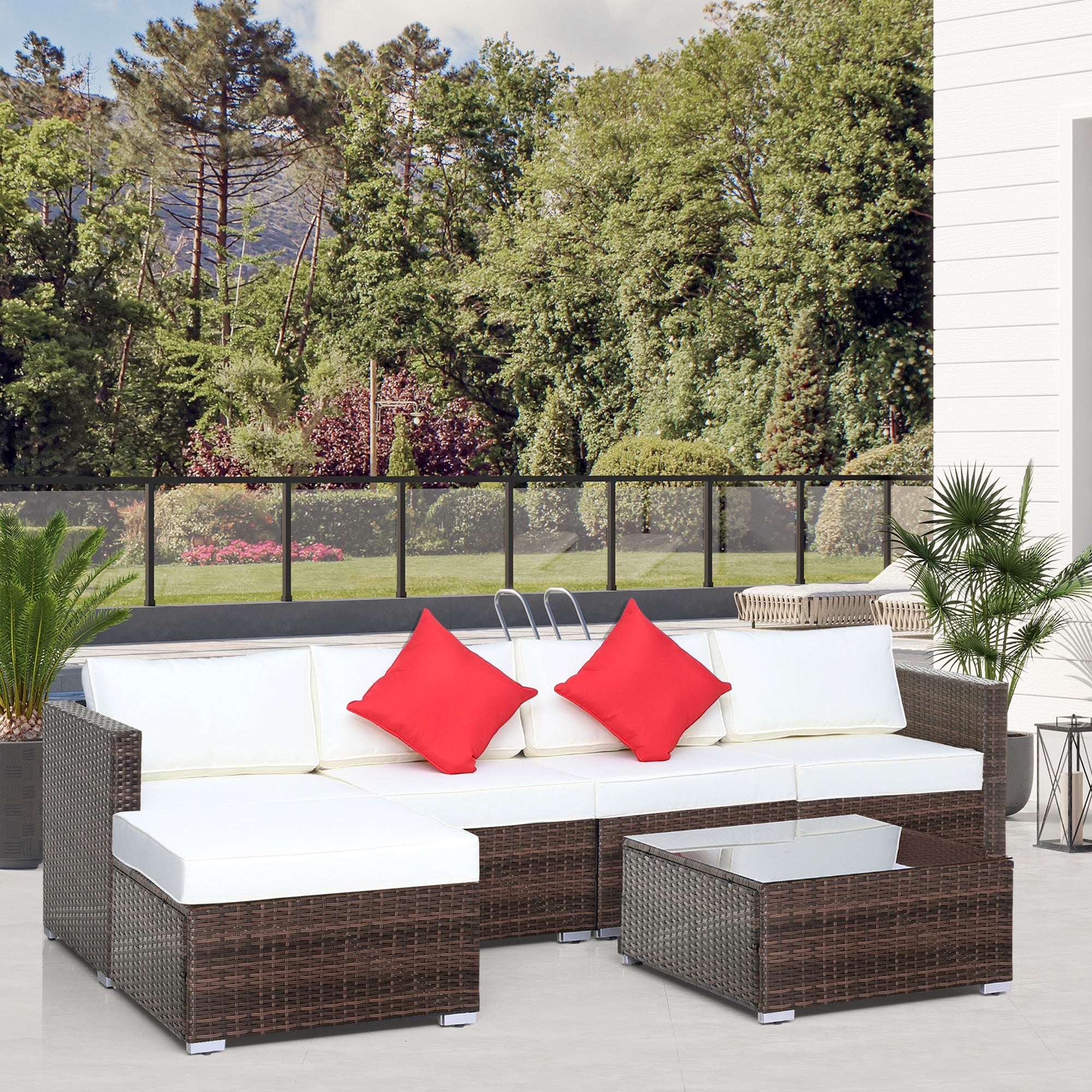Outsunny 6 Pieces Rattan Garden Furniture Set, 5 Seater Sectional Garden Corner Sofa Set with Glass Top Coffee Table, Cushions and Pillows, All-Weather Wicker Conversation Furniture, Cream White