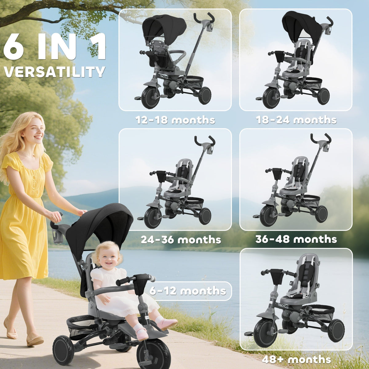 AIYAPLAY 6 in 1 Foldable Kids Trike with Adjustable Parent Handle & Canopy for Ages 1-5, Black