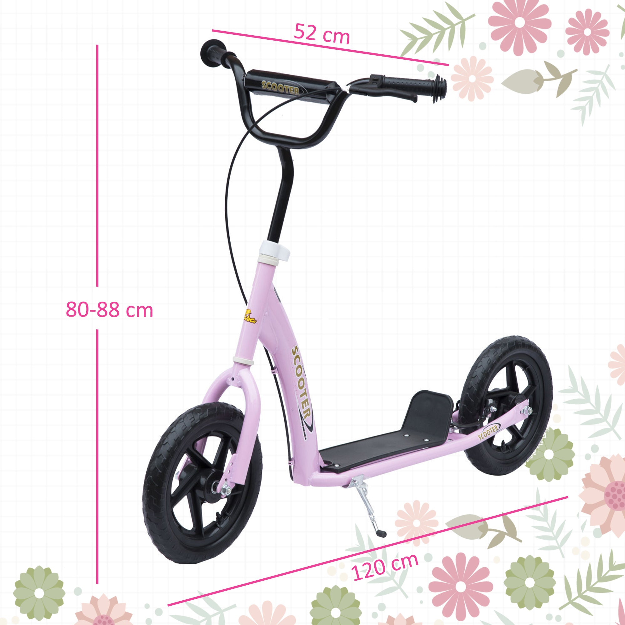 HOMCOM Kids Scooter Kick Scooter, with 12" EVA Tyres, Rear Brake, Big Wheels Scooter for 5-12 Years , Pink