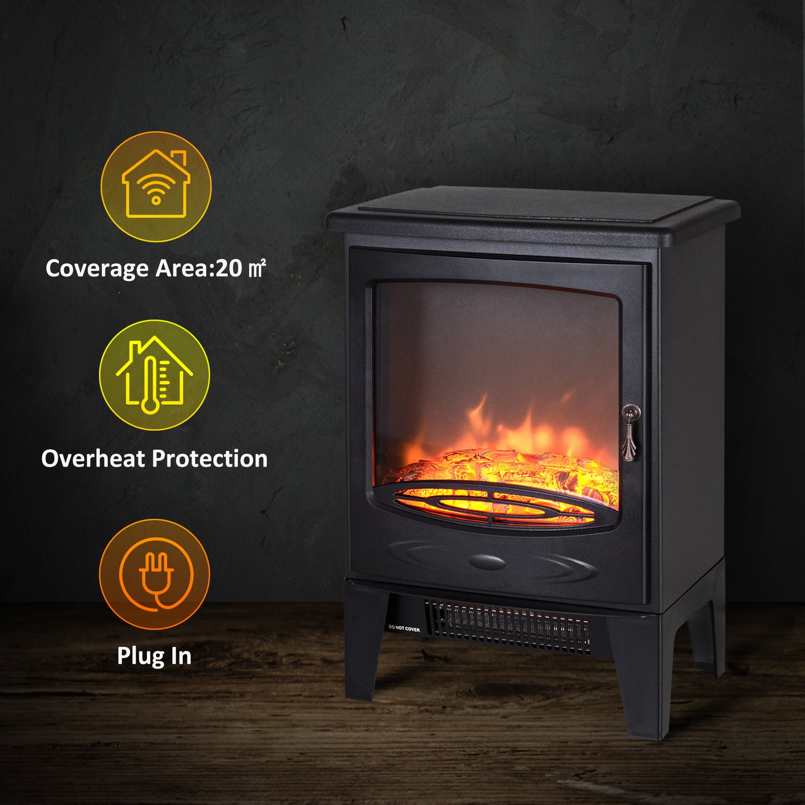 HOMCOM Tempered Glass Casing Electric Fireplace, Freestanding Electric Fire with Realistic Flame Effect, Log Burner with Overheat Protection, 1000w/ 2000W, Black