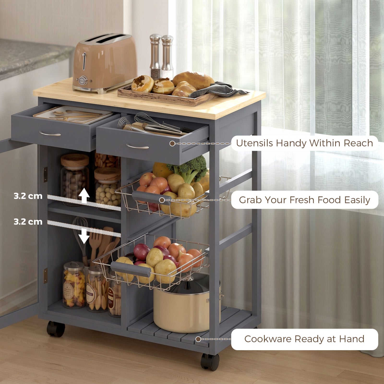 HOMCOM Bamboo Kitchen Island, Rolling Kitchen Trolley with Glass Door, 2 Metal Wire Baskets and Adjustable Shelf, Grey