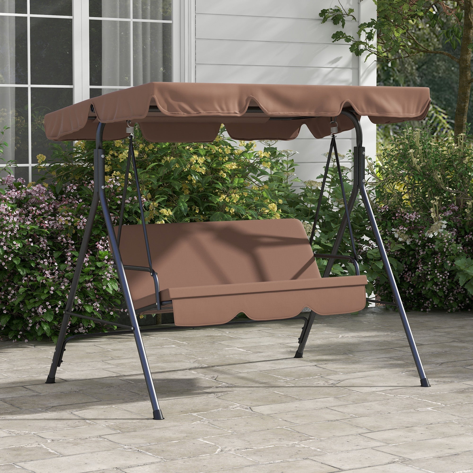 Outsunny 3 Seater Garden Swing Chair, Outdoor Swing Chair with Adjustable Canopy, Mental Frame & Cushions, Brown