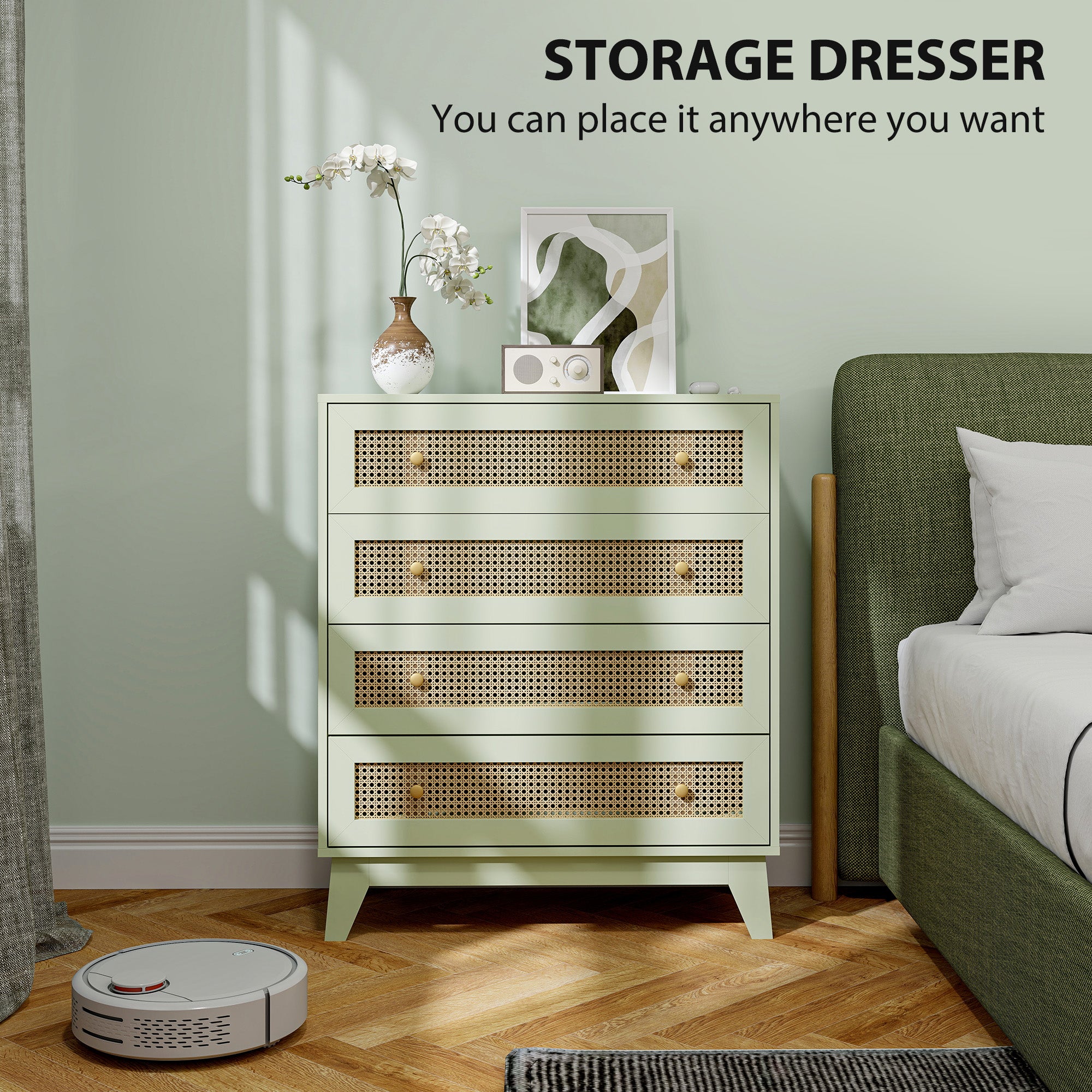 HOMCOM Chest of Drawers, 4-Drawer Storage Organiser Unit with Rattan Element for Bedroom, Living Room, Light Green