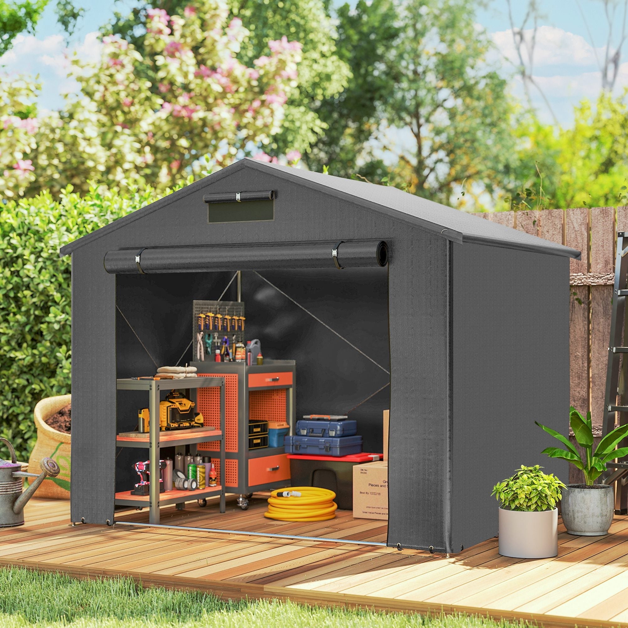 Outsunny 8 x 6 ft Outdoor Garden Storage Shed, Waterproof Bike Tent with Roll-Up Zipper Door