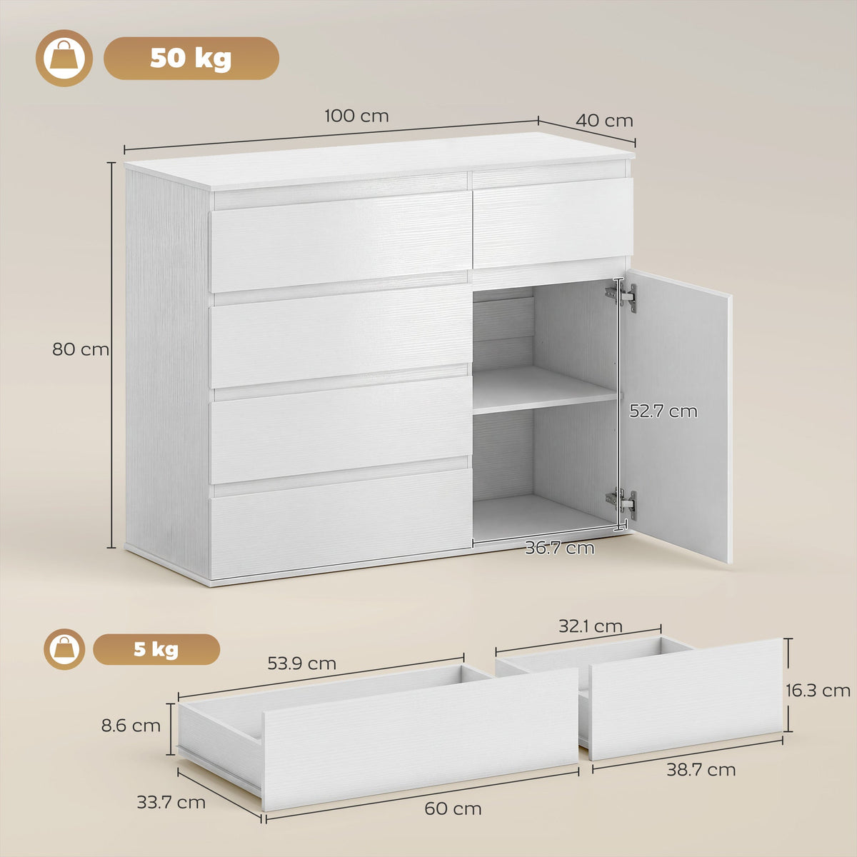 HOMCOM Modern Chest Of Drawers, 5 Drawer Dresser with Adjustable Shelf, Soft-Close Door, White