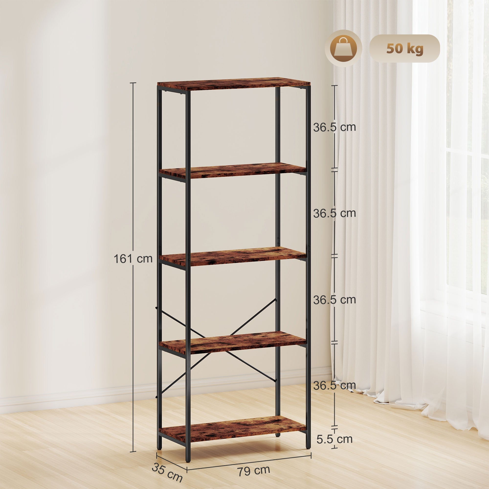 HOMCOM 5-Tier Bookshelf, Industrial Bookcase with Metal Frame - Rustic Brown and Black