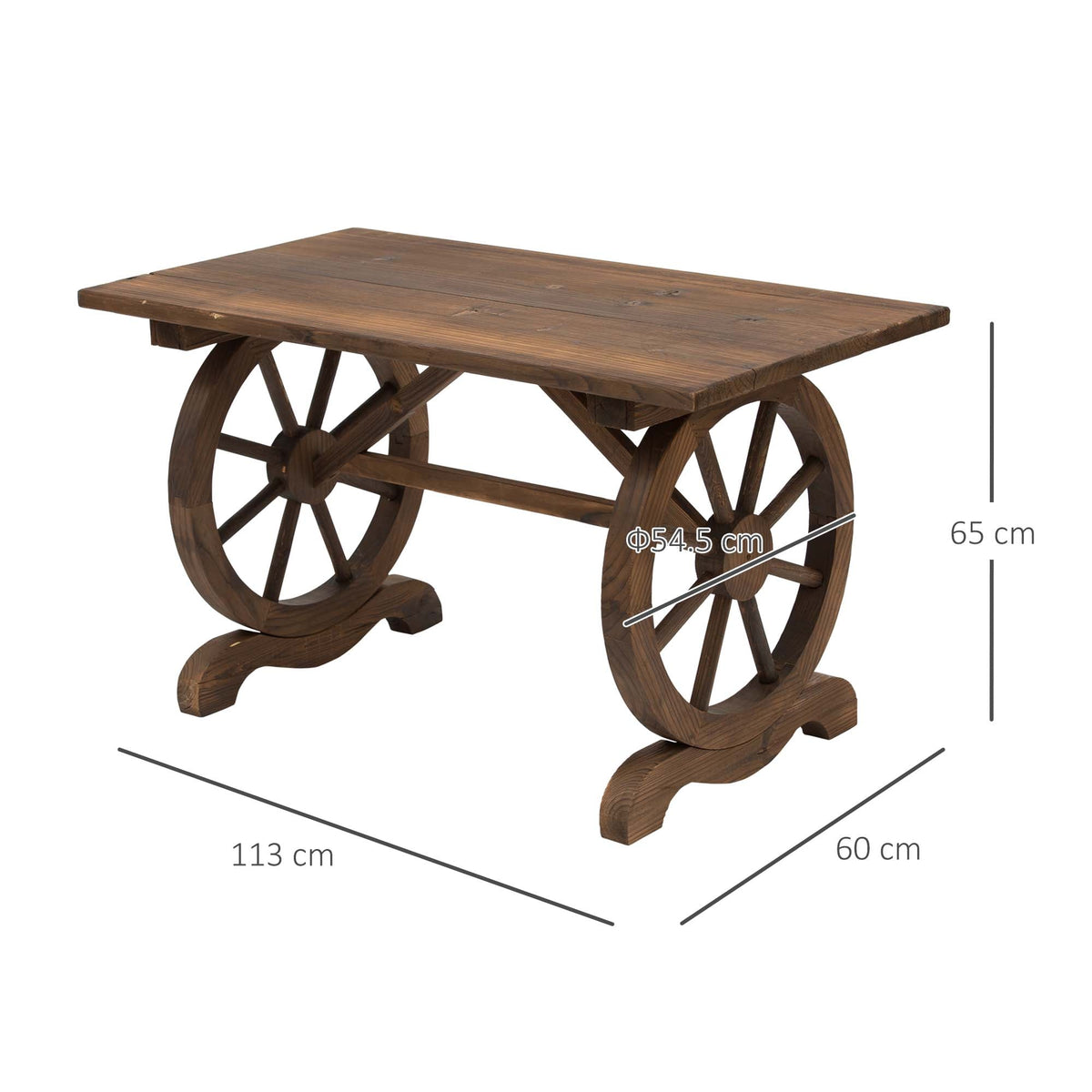 Outsunny Wooden Garden Dining Table, Wagon Wheel Outdoor Coffee Table with 3 cm Wood Top for Patio, Balcony, Terrace, 110 x 60 x 65 cm, Carbonised Finish