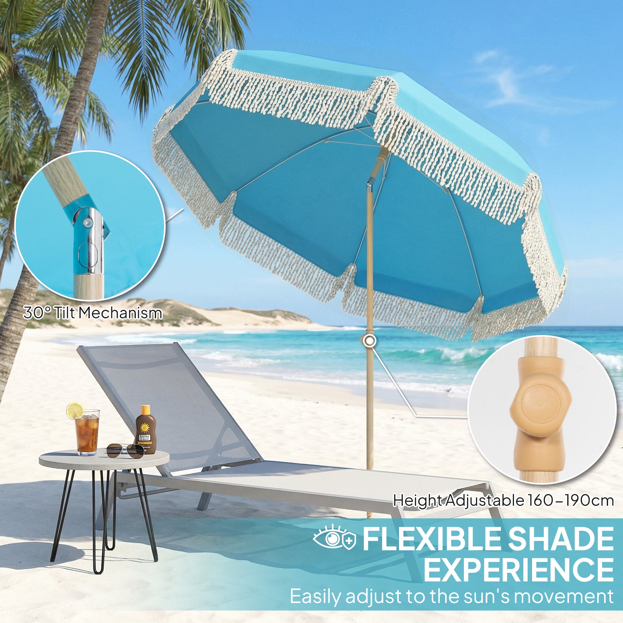 Outsunny 1.7 m Beach Umbrella with Sand Anchor, 30Â° Tilting Fringed Beach Garden Parasol with Adjustable Height, Grey