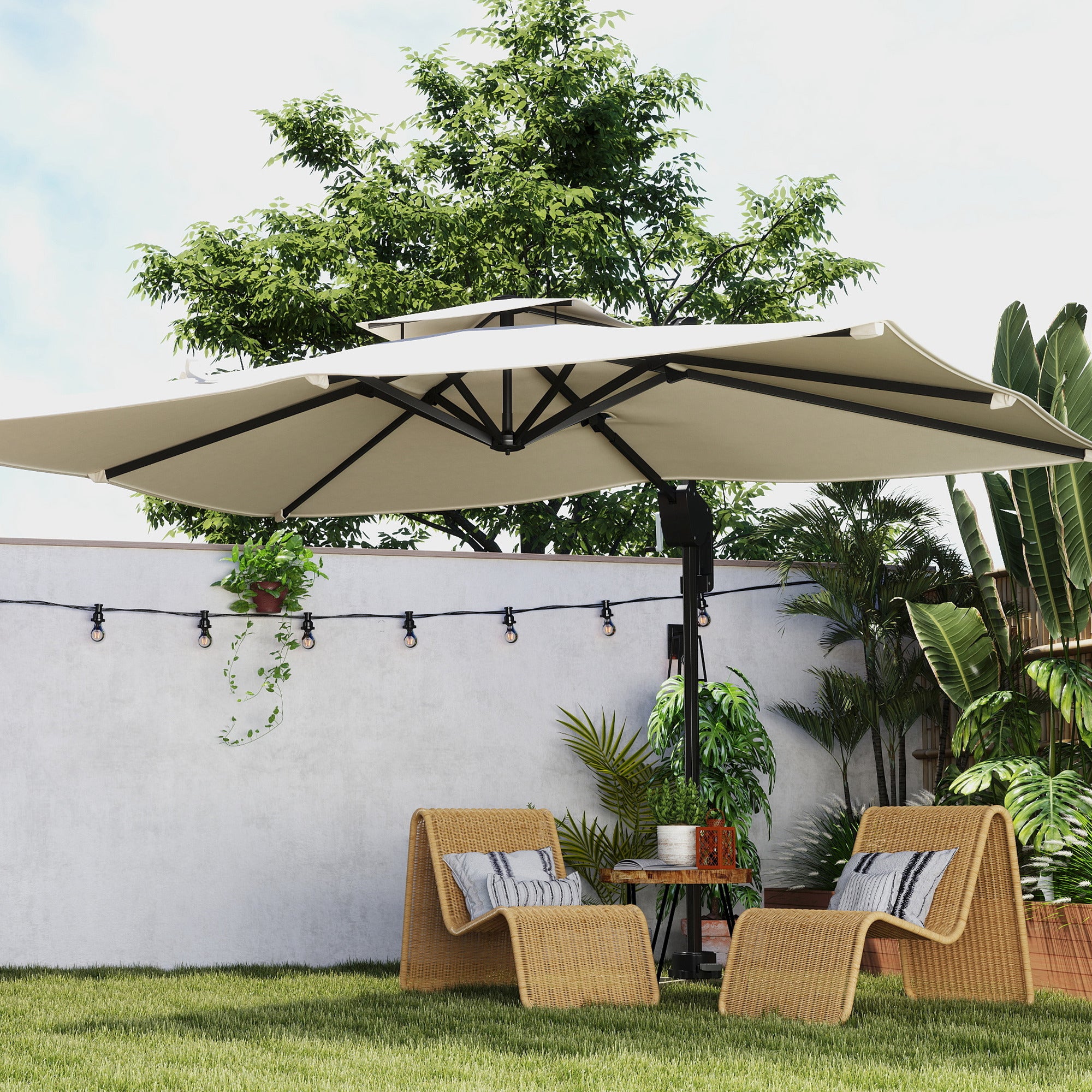 Outsunny 3.7 x 2.7 m Cantilever Parasol w/ 360√Ç¬∞ Rotation and Easy Tilt Adjustment, Aluminium Hanging Offset Outdoor Umbrella w/ Double Top, Cross Base, UPF50+ Hanging Sun Shade, Black Pole