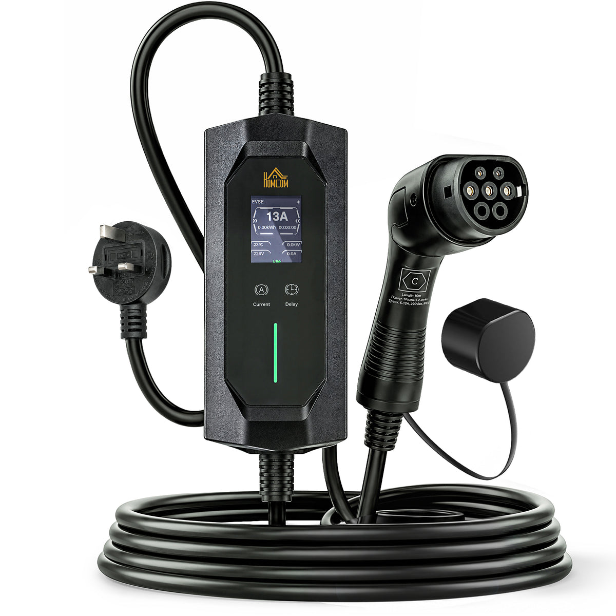 HOMCOM EV Charger Type 2 to 3 Pin Plug, 10 m, 2.8 kW, 6-13 A, Electric Car Charger Type 2 Charging Cable w/ 1-12 h Time Delay