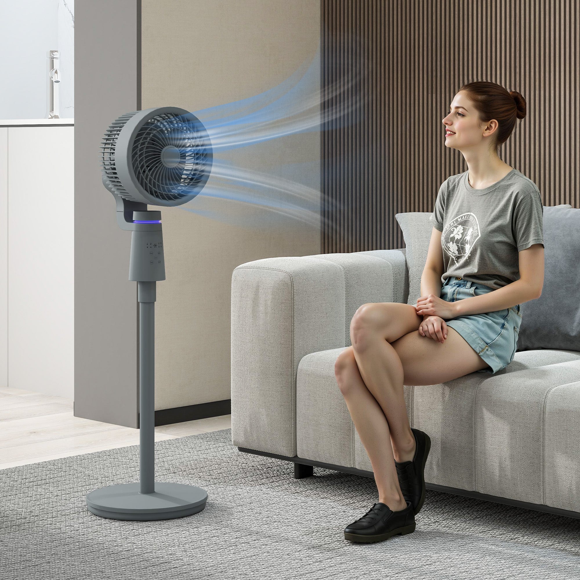 HOMCOM Pedestal Air Circulation Fan with Oscillating, Light Off, Grey