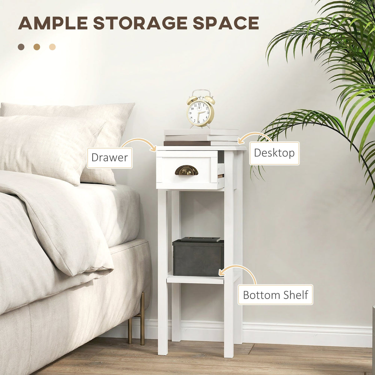 HOMCOM 2-Tier Side Tables Set of 2 with Drawer and Shelf, 2 Pieces Bedside Tables for Living Room and Hallway, White