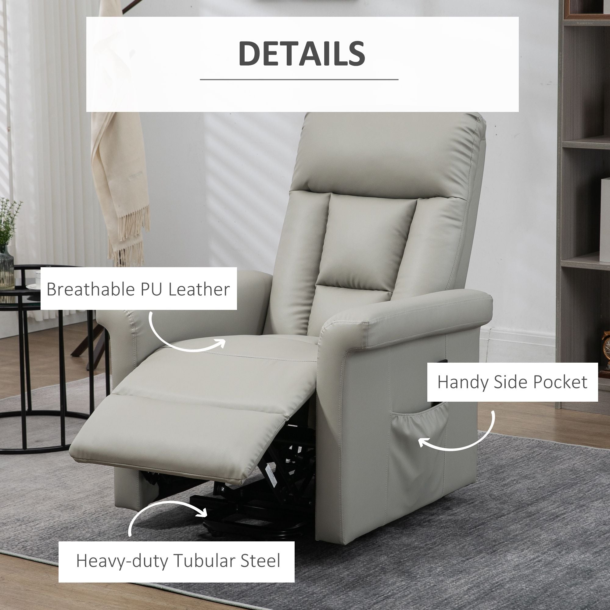 HOMCOM Power Lift Chair Armchair for the Elderly, PU Leather Recliner Chair with Extended Footrest, Remote Control and Side Pocket, Grey